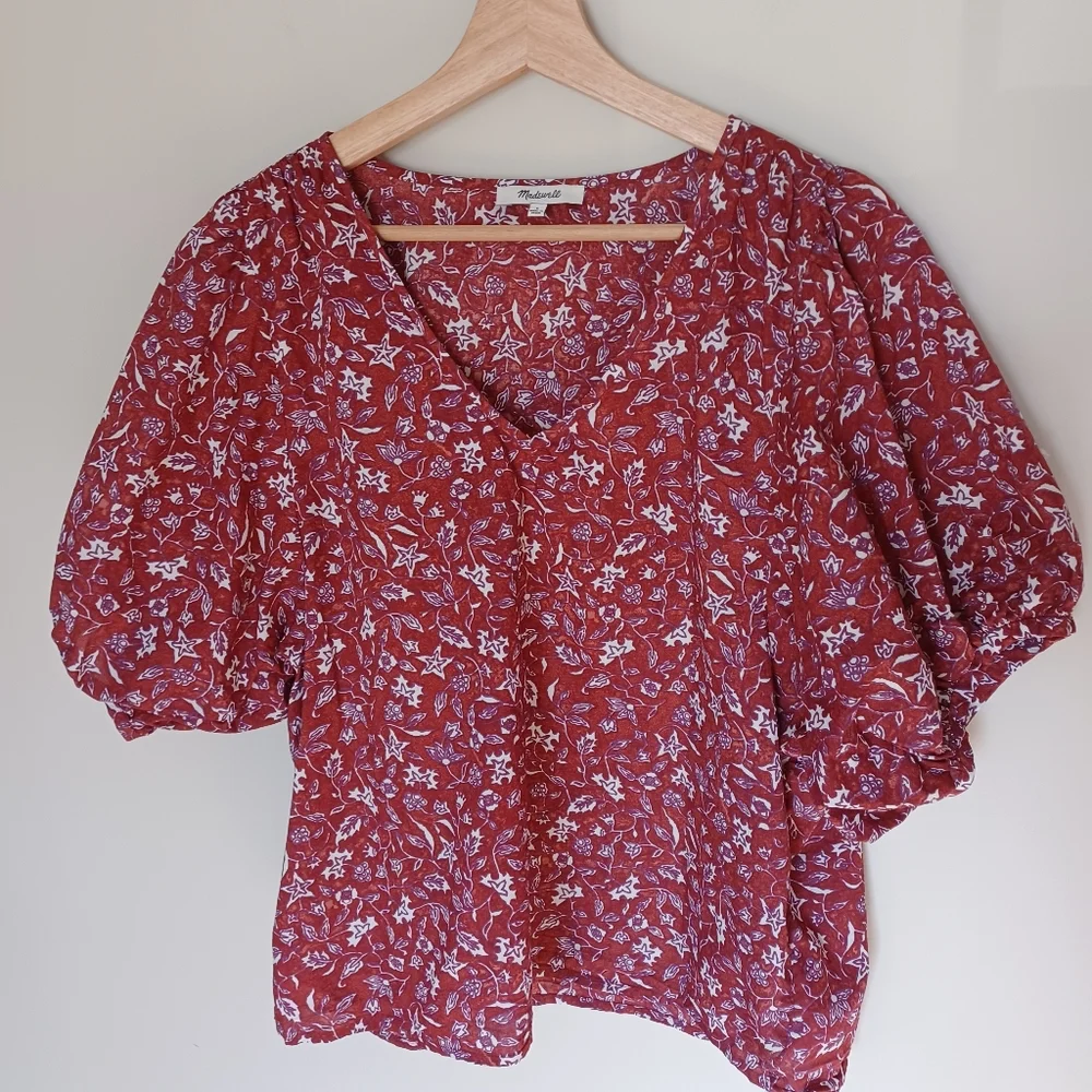 Madewell Rust Red Floral Puff-Sleeve Blouse